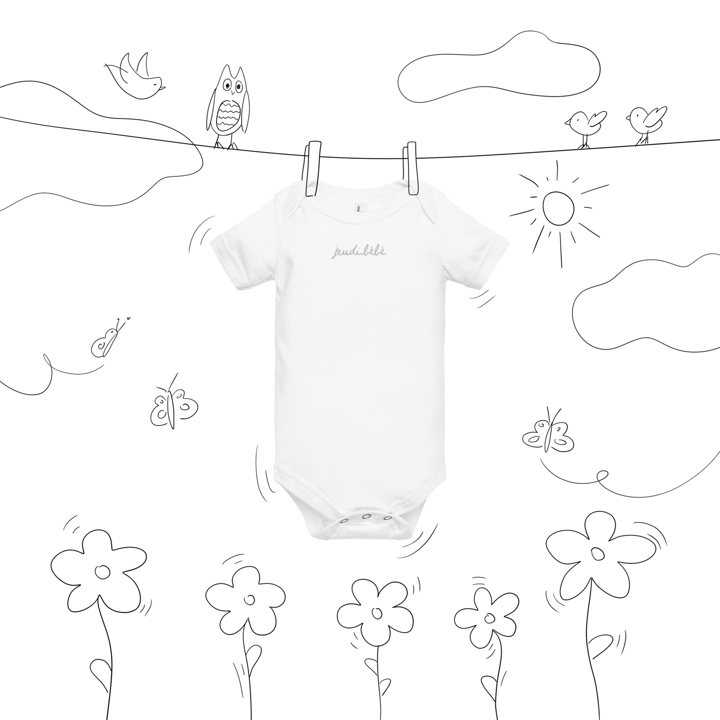 Jeudi Bébé Thursday Baby Embroidered Cotton Onesie Short Sleeve