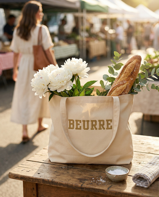 Butter “Beurre” Embroidered Organic Cotton Large Tote Bag