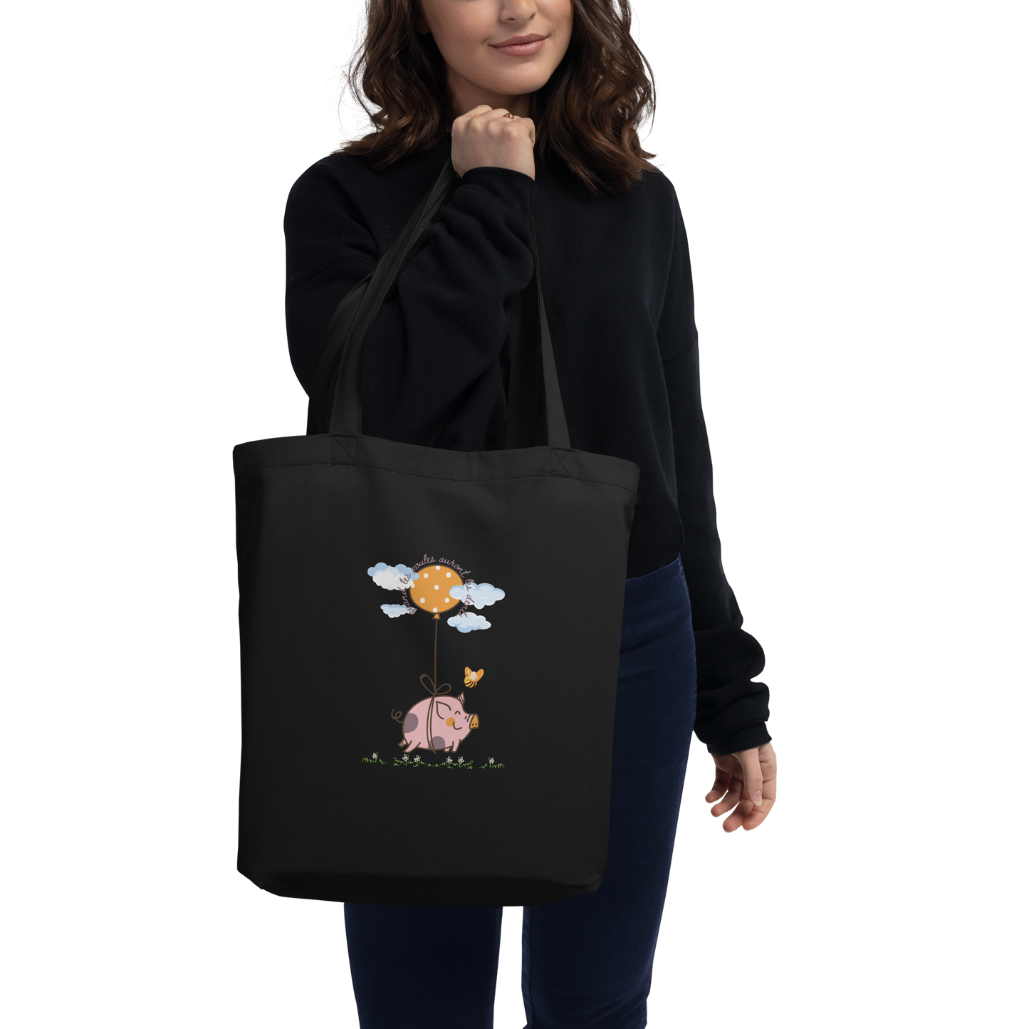 “When Pigs Fly” “Quand les Poules Auront les Dents” Pig Organic Cotton Eco-friendly Matching Family Tote Bag